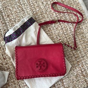 Marion Combo Red Leather Whipstitch Cross-Body Bag by Tory Burch